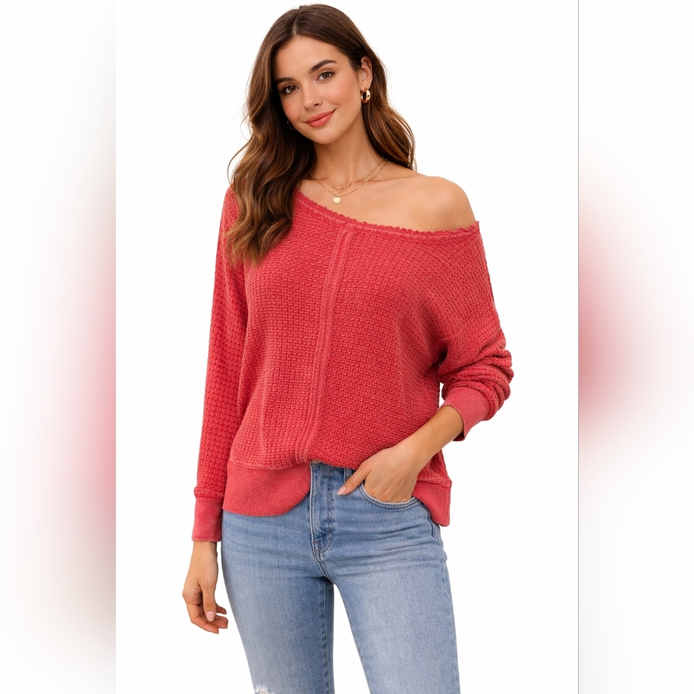 Mono B Vibrant Red Waffle Knit Sweater